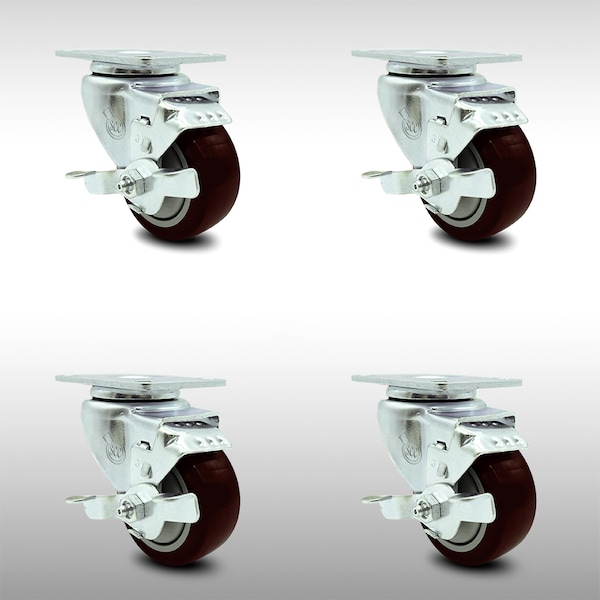 3 Inch SS Maroon Polyurethane Swivel Top Plate Caster Set with Brake SCC